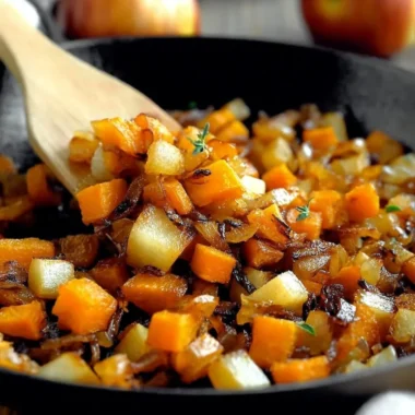 Caramelized sweet potato apple hash browns served in a cozy breakfast setting