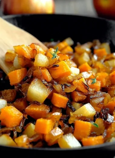 Caramelized sweet potato apple hash browns served in a cozy breakfast setting