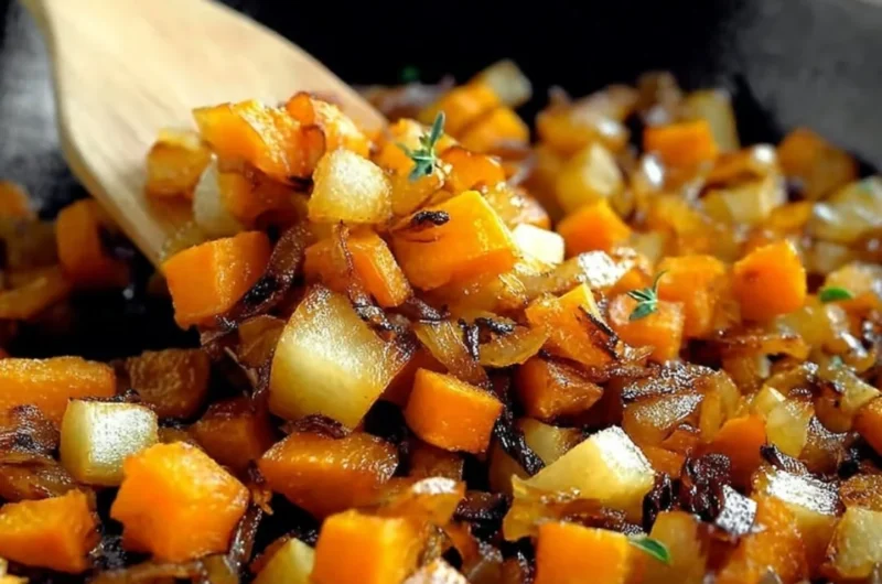 Caramelized sweet potato apple hash browns served in a cozy breakfast setting