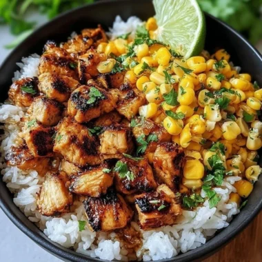 Colorful rice bowl topped with chicken and street corn garnishes.
