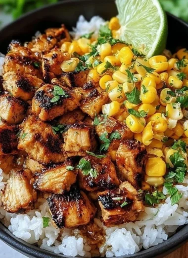 Colorful rice bowl topped with chicken and street corn garnishes.