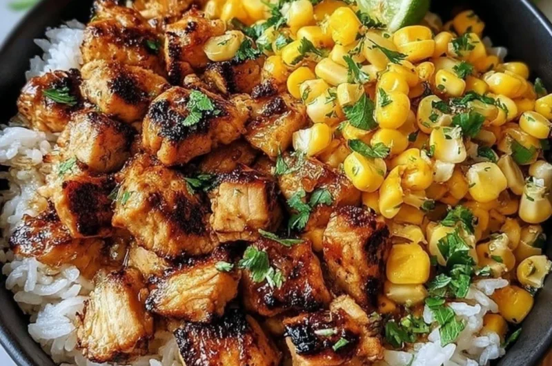 Colorful rice bowl topped with chicken and street corn garnishes.
