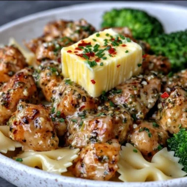 Cowboy Butter Lemon Bowtie Chicken with Broccoli in a creamy sauce.