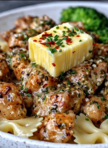 Cowboy Butter Lemon Bowtie Chicken with Broccoli in a creamy sauce.