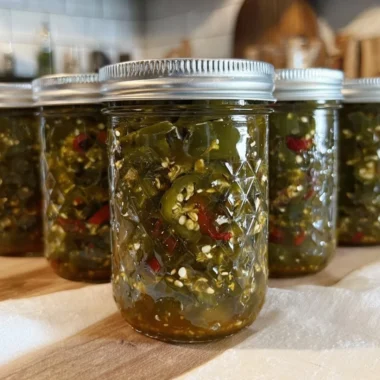 Homemade Cowboy Candy with jalapeños and syrup in a jar