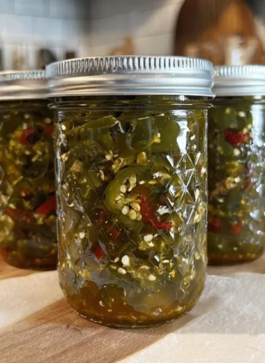 Homemade Cowboy Candy with jalapeños and syrup in a jar