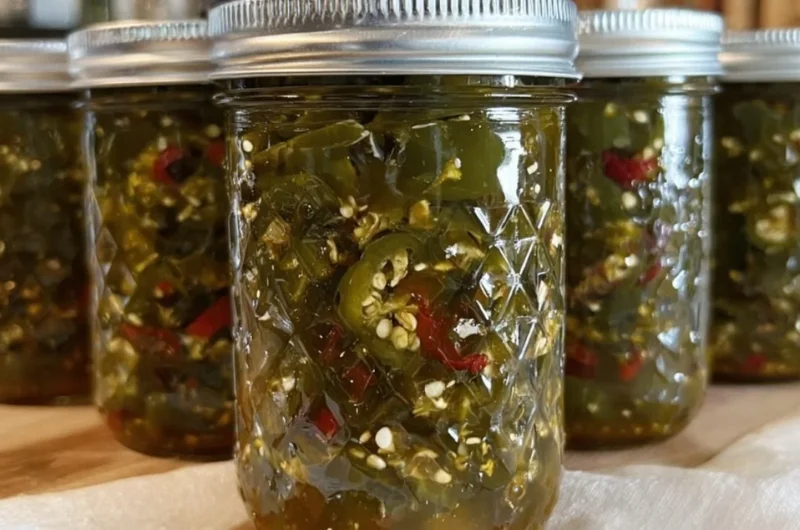 Homemade Cowboy Candy with jalapeños and syrup in a jar