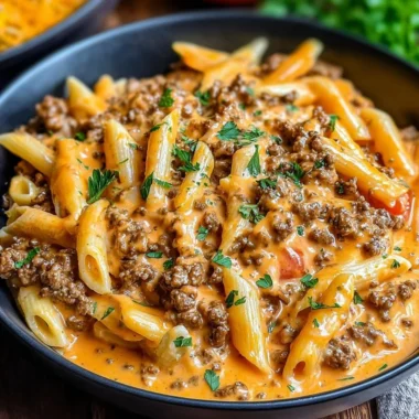 Creamy beef pasta dish with parmesan cheese and herbs