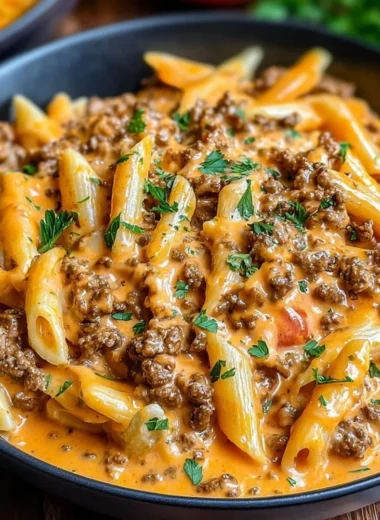 Creamy beef pasta dish with parmesan cheese and herbs
