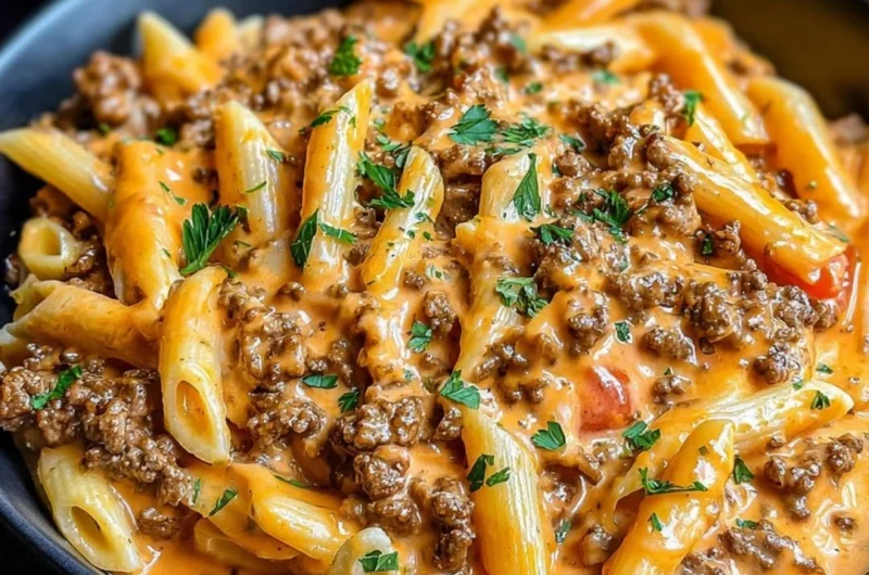 Creamy beef pasta dish with parmesan cheese and herbs