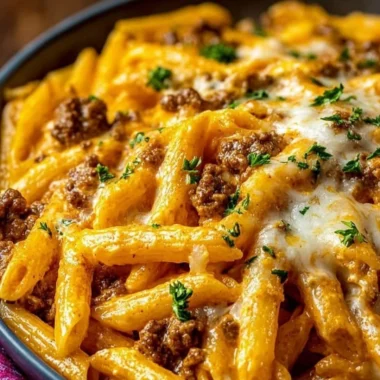 Creamy high protein beef pasta dish with fresh herbs and cheese