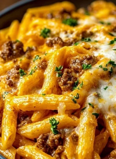 Creamy high protein beef pasta dish with fresh herbs and cheese