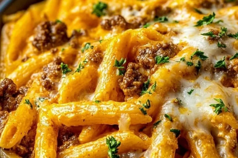 Creamy high protein beef pasta dish with fresh herbs and cheese