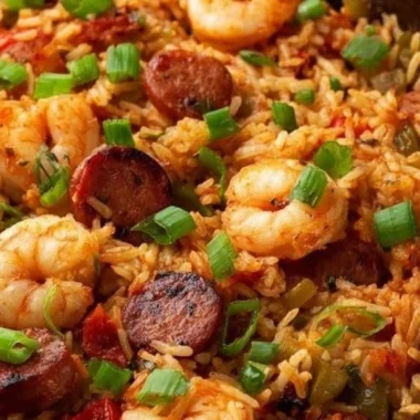 Delicious Creole Jambalaya with seafood, sausage, and colorful vegetables in a bowl.