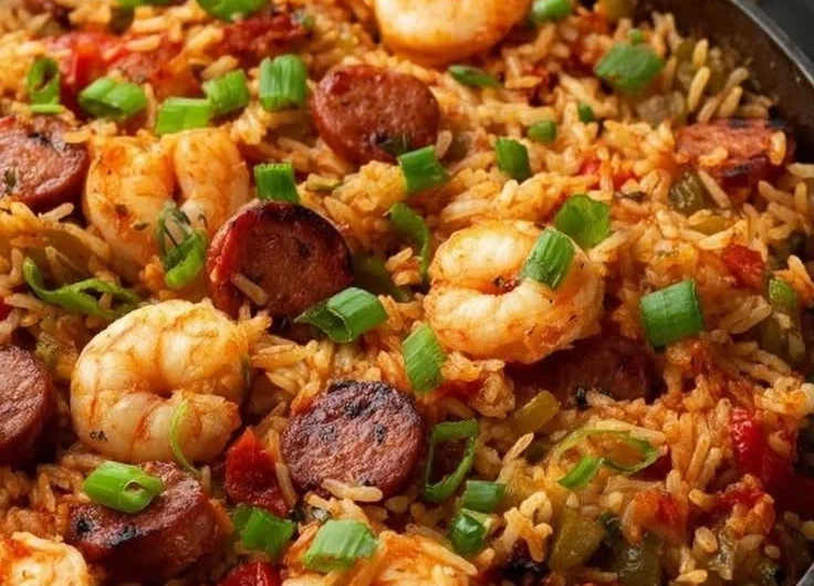 Delicious Creole Jambalaya with seafood, sausage, and colorful vegetables in a bowl.