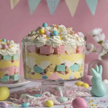 Easter Trifle dessert with layers of fruits, cream, and cake in a festive bowl