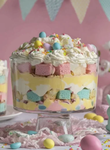 Easter Trifle dessert with layers of fruits, cream, and cake in a festive bowl