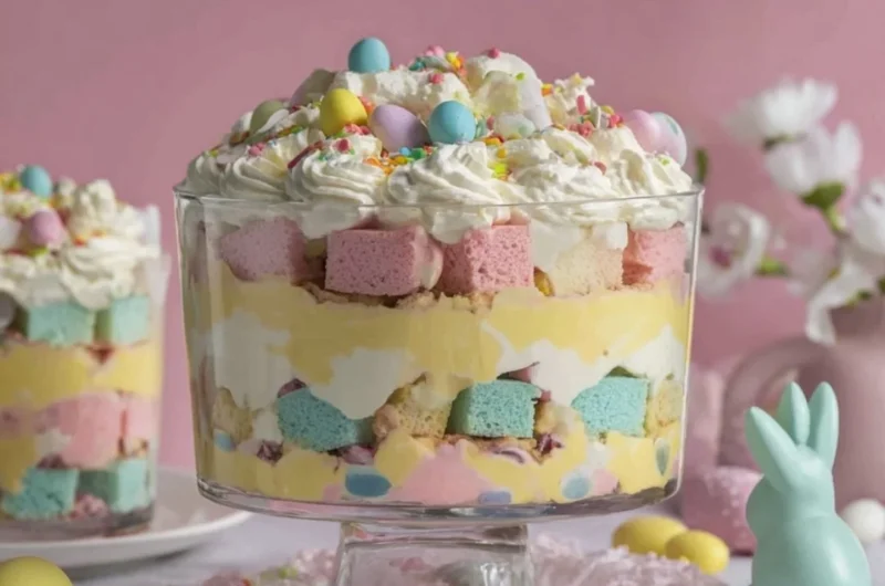 Easter Trifle dessert with layers of fruits, cream, and cake in a festive bowl