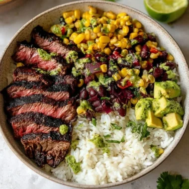 Delicious flank steak bowl garnished with fresh vegetables and herbs