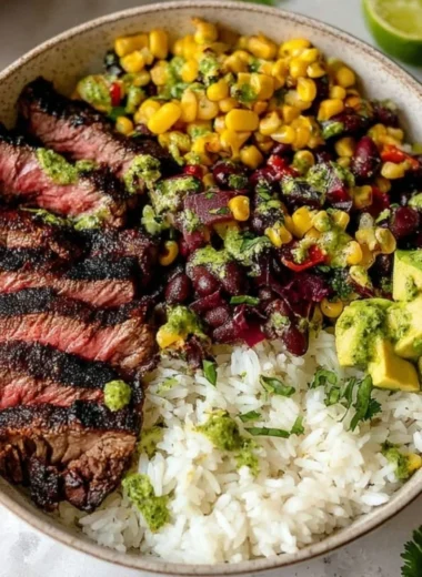 Delicious flank steak bowl garnished with fresh vegetables and herbs