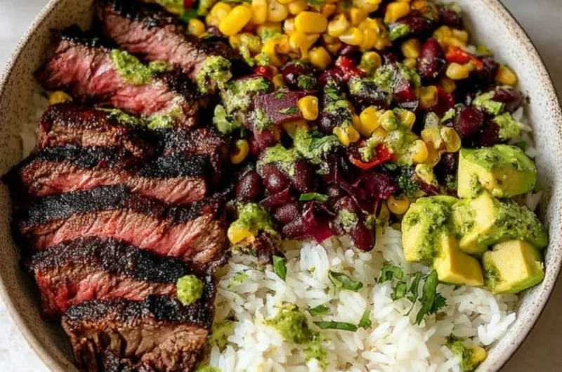Delicious flank steak bowl garnished with fresh vegetables and herbs