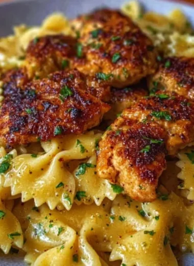 Delicious Garlic Butter Chicken served with Bowtie Pasta
