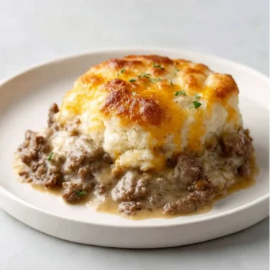 Ground Beef and Biscuit Bake served on a plate, garnished with herbs.