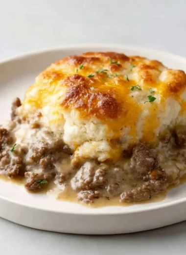 Ground Beef and Biscuit Bake served on a plate, garnished with herbs.