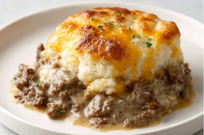 Ground Beef and Biscuit Bake served on a plate, garnished with herbs.