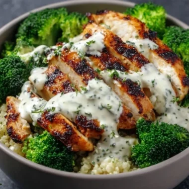 Healthy grilled chicken bowls with broccoli and creamy garlic sauce