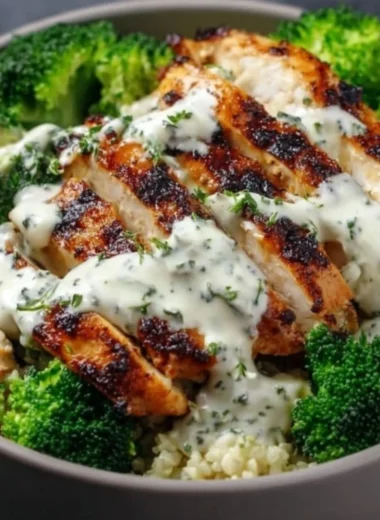 Healthy grilled chicken bowls with broccoli and creamy garlic sauce