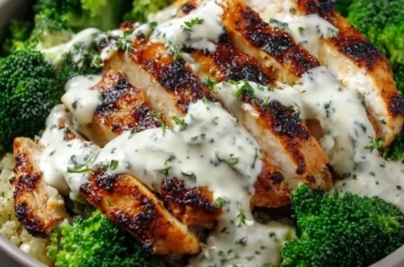 Healthy grilled chicken bowls with broccoli and creamy garlic sauce