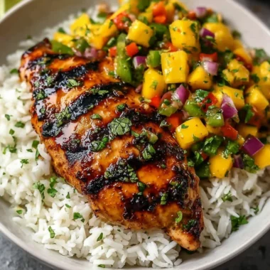Delicious Honey Lime Chicken served with vibrant Mango Salsa on a plate.