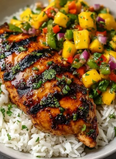 Delicious Honey Lime Chicken served with vibrant Mango Salsa on a plate.