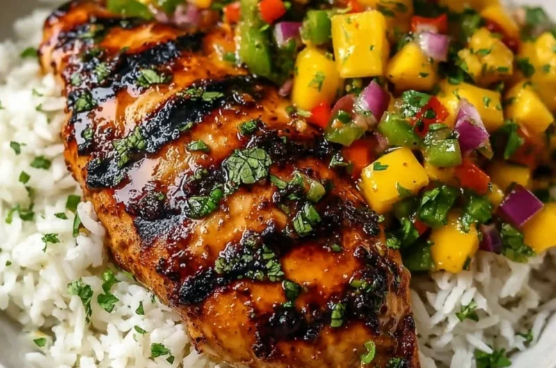 Delicious Honey Lime Chicken served with vibrant Mango Salsa on a plate.
