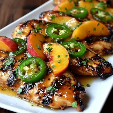 Plate of Jalapeño Peach Chicken with fresh peaches and jalapeños