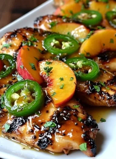 Plate of Jalapeño Peach Chicken with fresh peaches and jalapeños