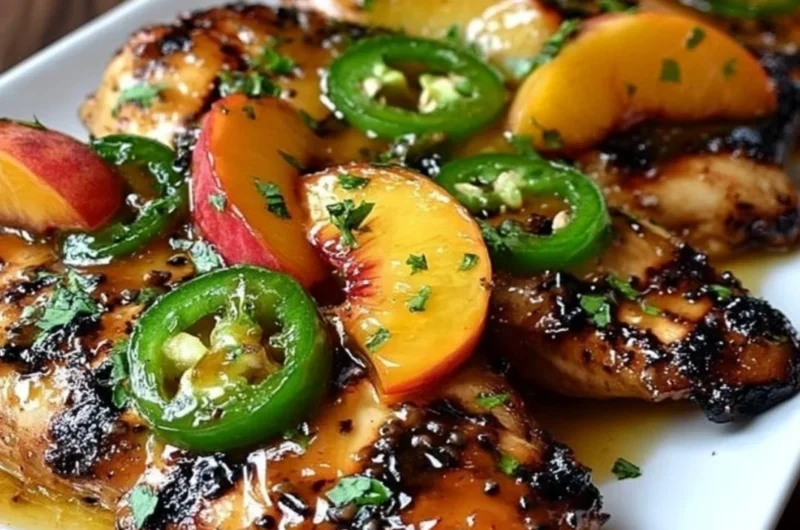 Plate of Jalapeño Peach Chicken with fresh peaches and jalapeños