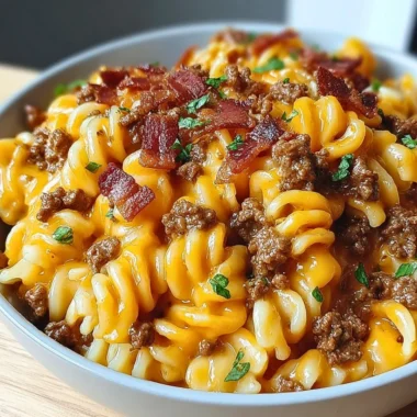 Delicious Loaded Bacon Cheeseburger Pasta topped with cheese and bacon.