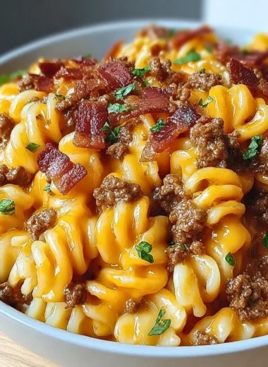 Delicious Loaded Bacon Cheeseburger Pasta topped with cheese and bacon.