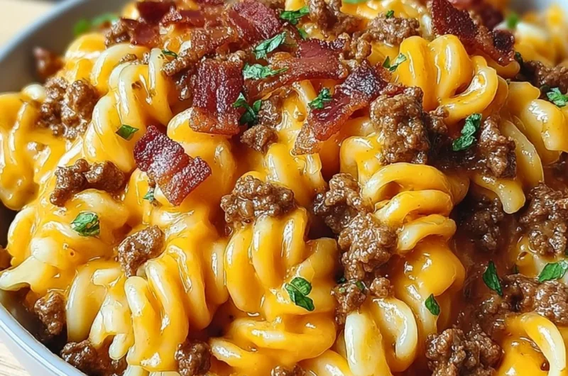 Delicious Loaded Bacon Cheeseburger Pasta topped with cheese and bacon.