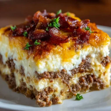 Low-Carb Bacon Cheeseburger Casserole in a serving dish