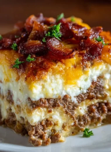 Low-Carb Bacon Cheeseburger Casserole in a serving dish