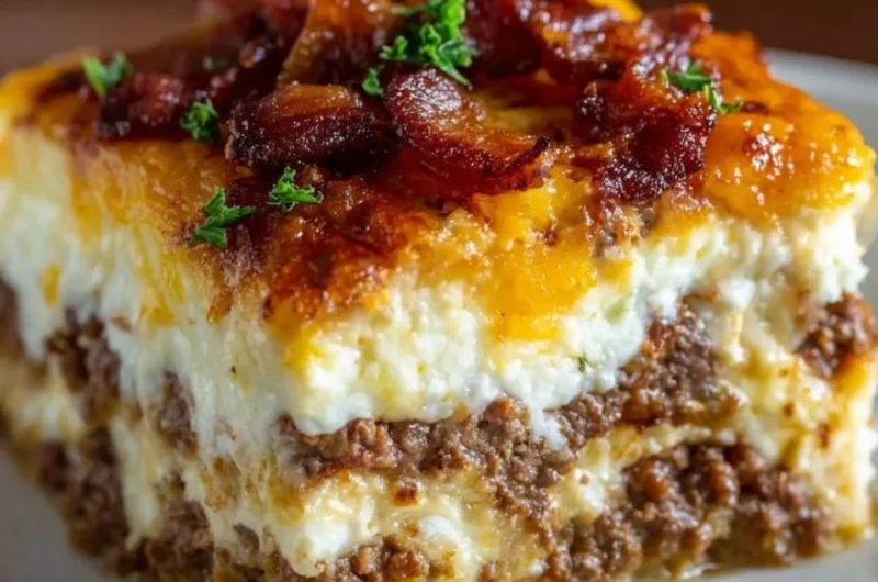 Low-Carb Bacon Cheeseburger Casserole in a serving dish