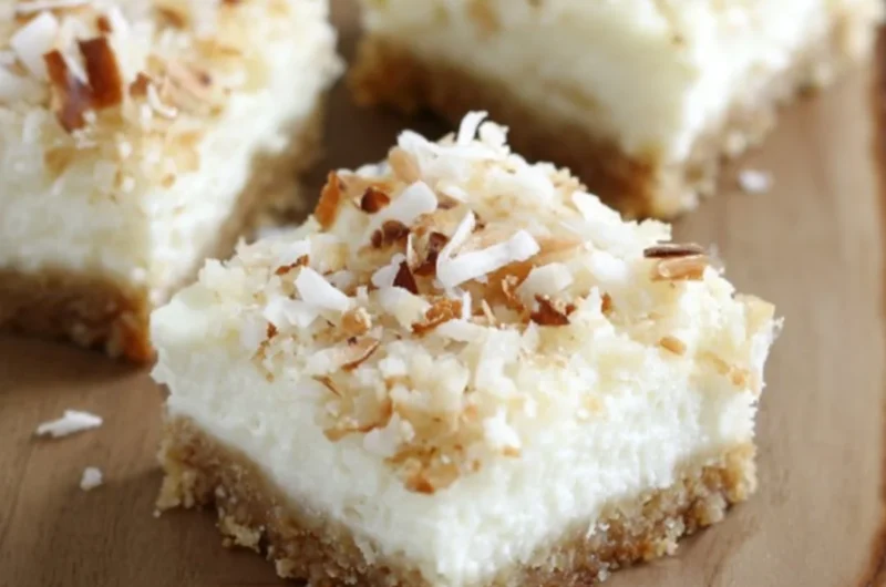Delicious Skinny Coconut Cheesecake Bars topped with coconut flakes