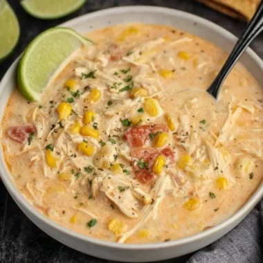 A bowl of Slow Cooker Mexican Chicken Corn Chowder garnished with cilantro and lime