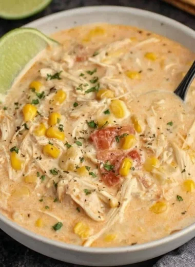 A bowl of Slow Cooker Mexican Chicken Corn Chowder garnished with cilantro and lime