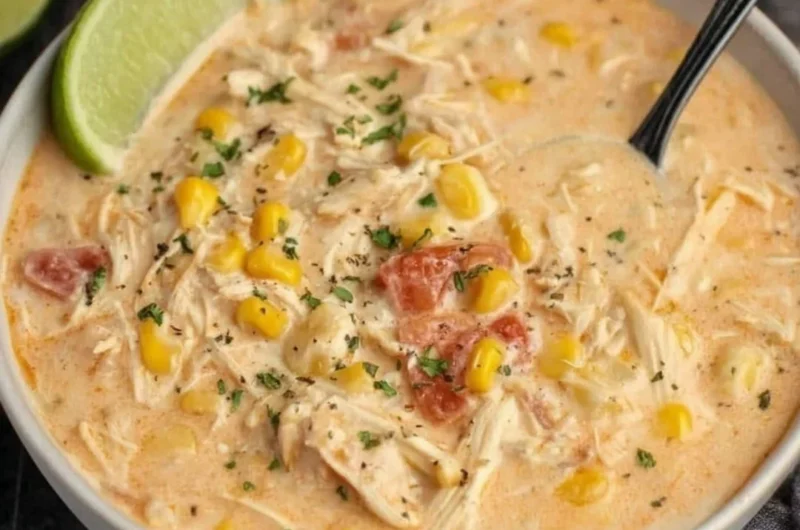 A bowl of Slow Cooker Mexican Chicken Corn Chowder garnished with cilantro and lime