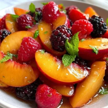 Summer peach salad with fresh fruits and greens