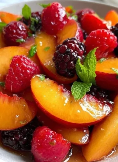 Summer peach salad with fresh fruits and greens